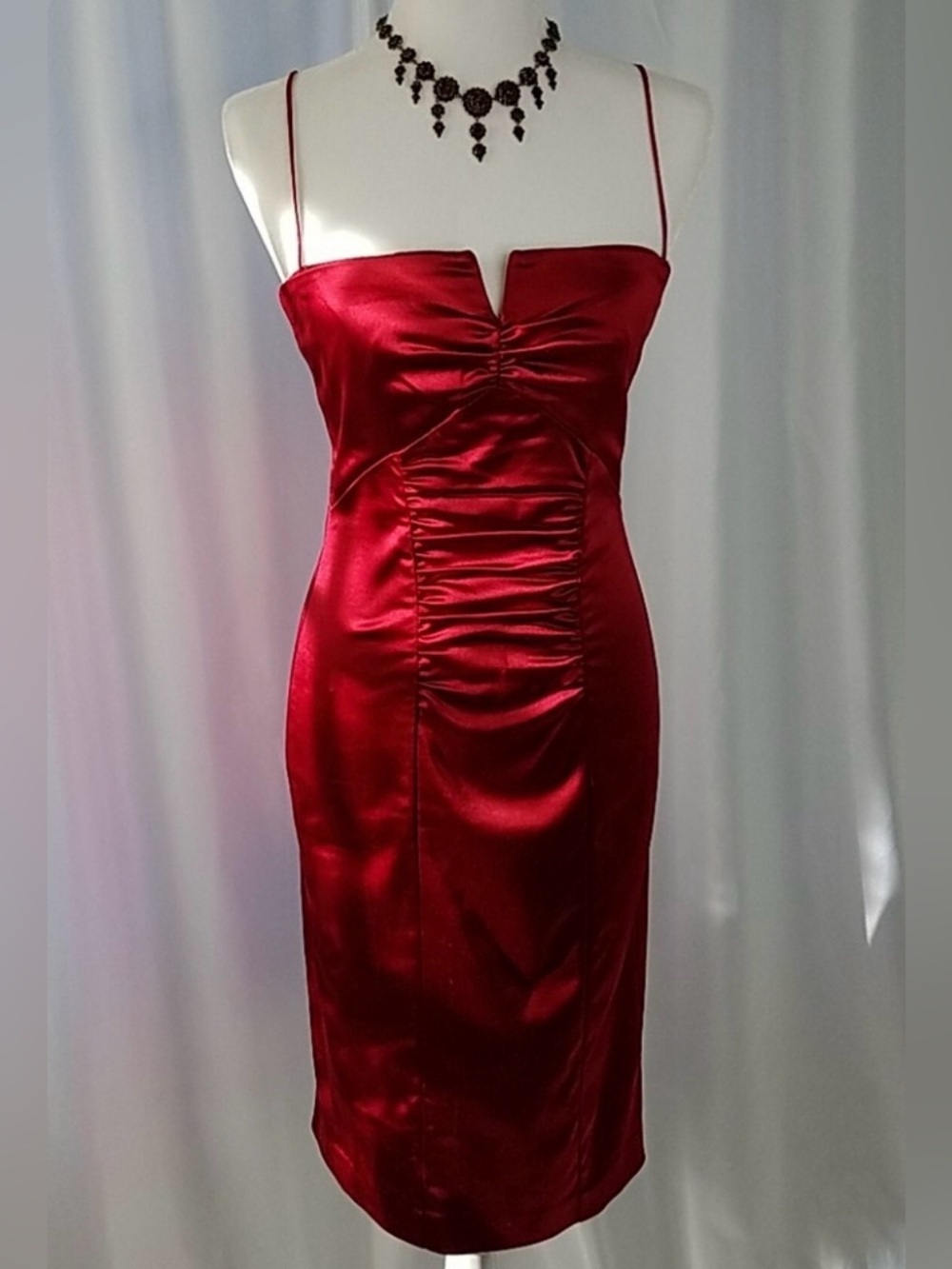 Vintage Nicole Miller Y2K 90s Red Satin Ruched Notch Neck Cocktail Mini Dress 12